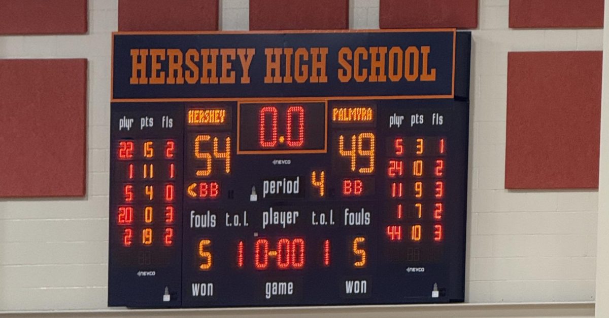 A photo of the final score of the Hershey vs Palmyra at the final buzzer of the basketball game. The Trojans won 54 - 49. (Cecelia Engle/The Broadcaster) 
