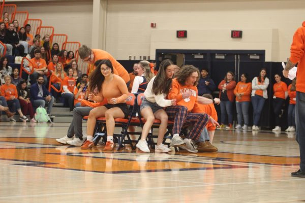 Senior sports captains compete in musical chairs event. This event was one of the highlights of the pep rally (The Broadcaster/Gwen Cysyk).  