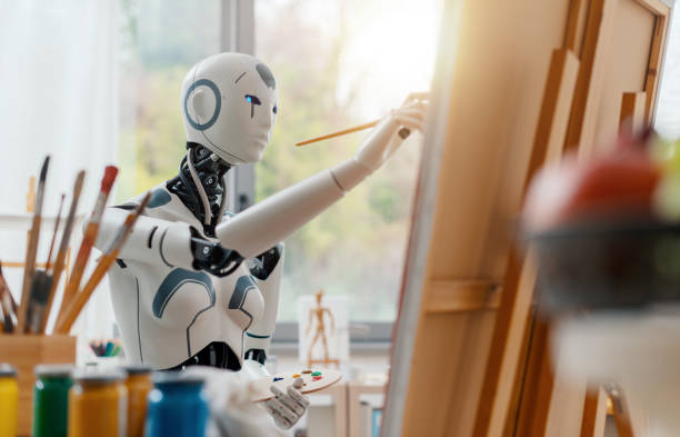 Humanoid AI robot painting a still life composition on canvas in the art studio