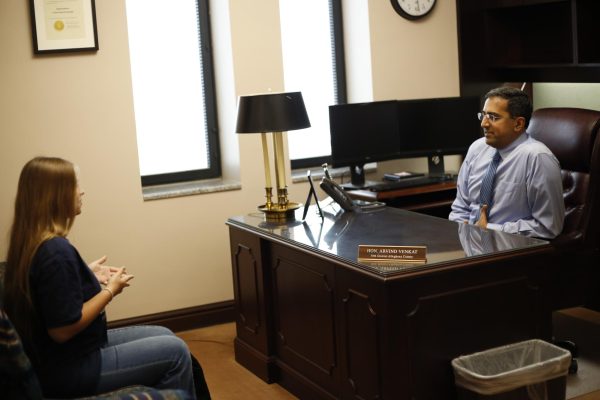 Hershey High School student Annaliese Tsyapa meets with Pennsylvania State Representative Dr. Arvind Venkat. Representatives can be contacted at both their district offices and their offices in the Capitol building. (Hershey Broadcaster/Bridget Hallinan)

