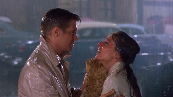 Audrey Hepburn and George Peppard filming the ending scene of Breakfast at Tiffany’s. This finale took several days to shoot, and was filmed on a set designed to look like a New York City alleyway. (Paramount Pictures)
