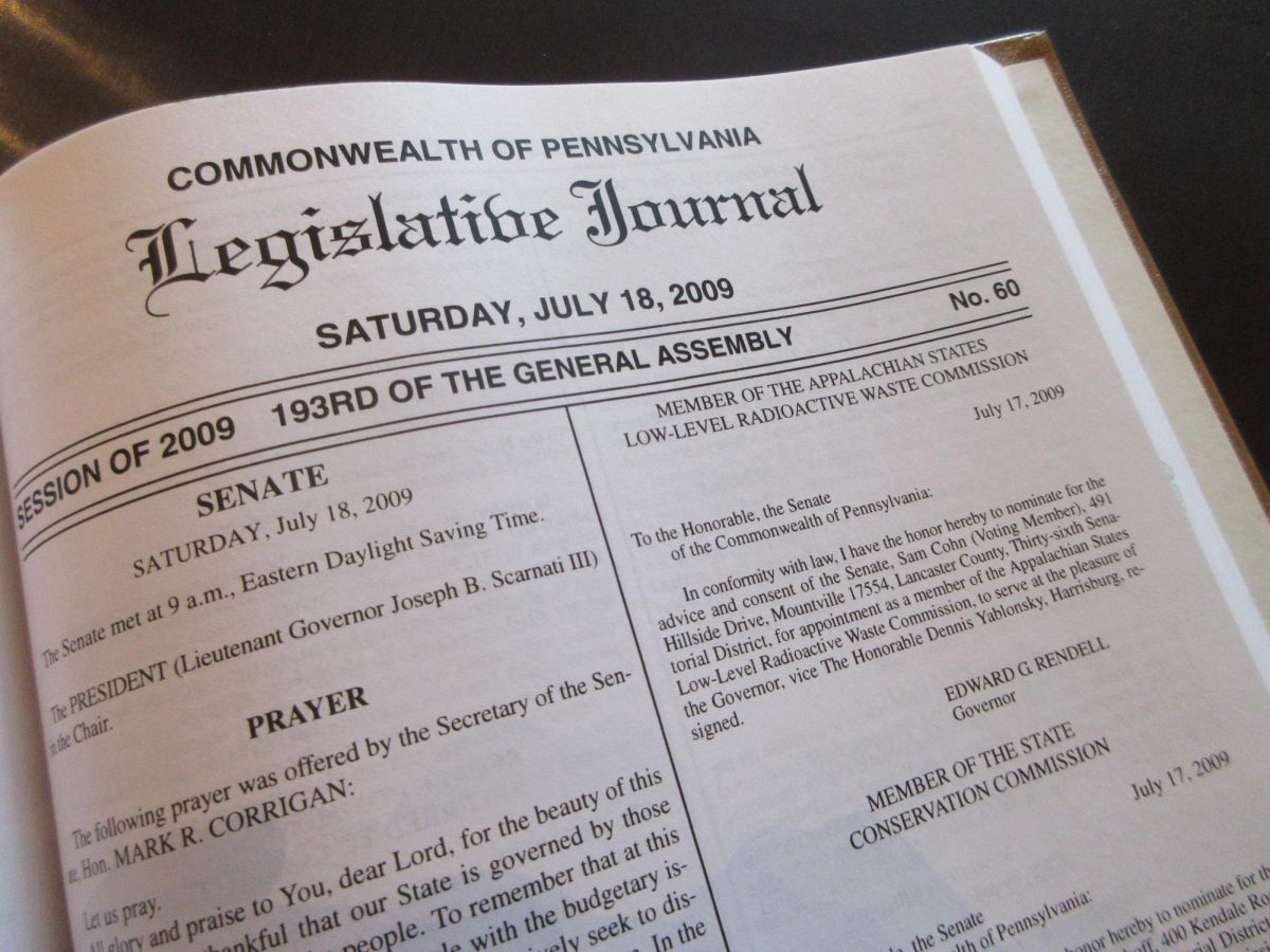 The Legislative Journal details the Senate proceedings on July 18, 2009. Located in the Capitol building, the Senate Library provides a vast collection of Pennsylvania law books and legislative documents to senators and their staff. (Broadcaster/Millicent Godoy)
