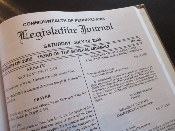 The Legislative Journal details the Senate proceedings on July 18, 2009. Located in the Capitol building, the Senate Library provides a vast collection of Pennsylvania law books and legislative documents to senators and their staff. (Broadcaster/Millicent Godoy)

